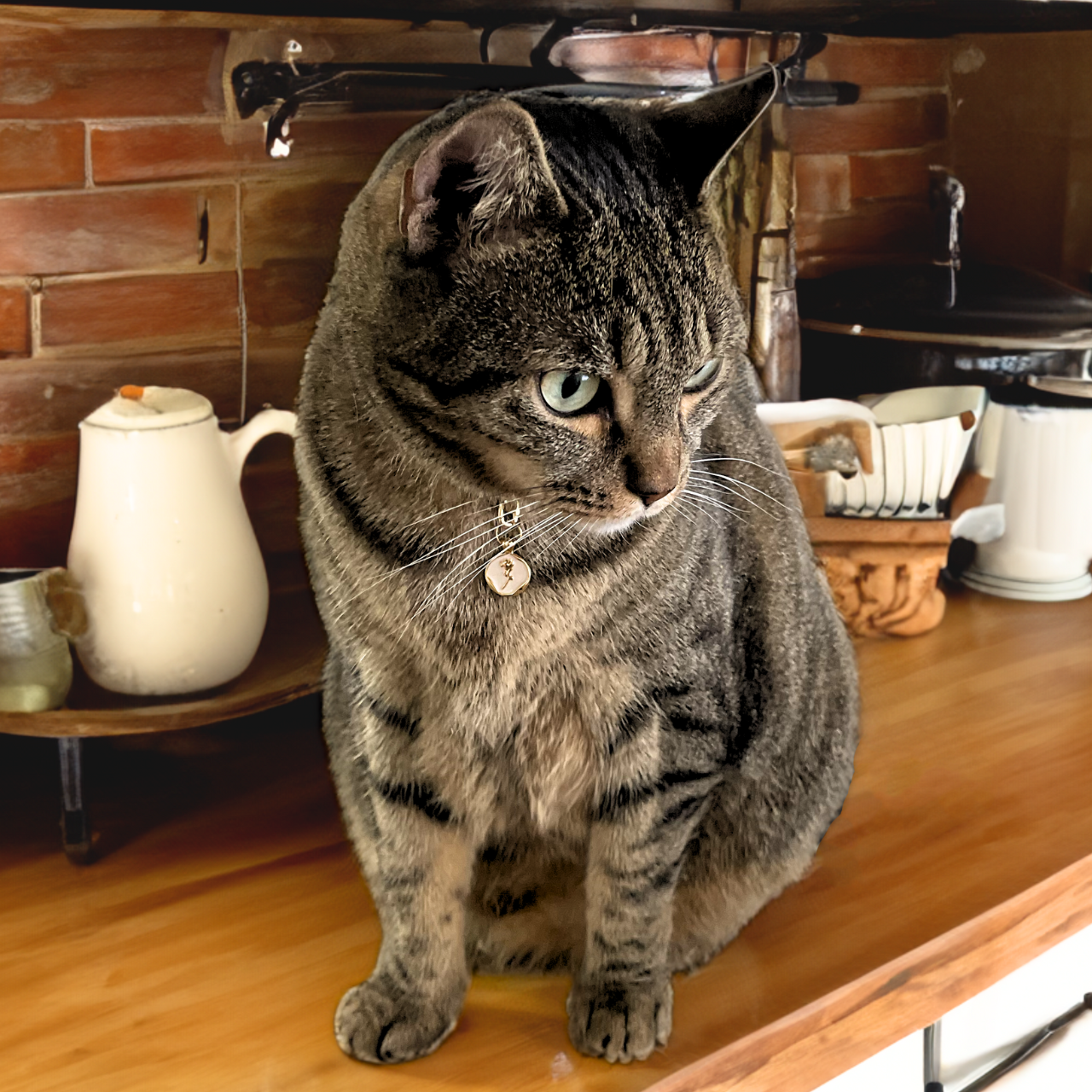 American shorthair cat wearing Minina Pawelry jewelry pendant while sitting on kitchen counter.